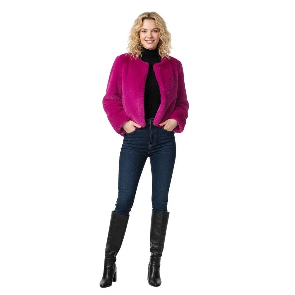 NY & Co Fuscia Faux Fur Cropped Fully Lined Jacket Size M